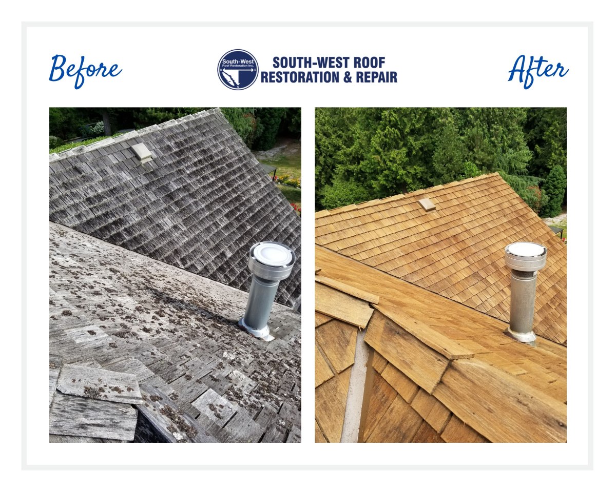 Cedar roof cleaning and treatment in Sunshine Coast, British Columbia