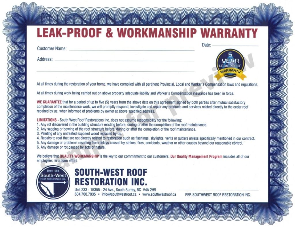 Sample for preview - South West Roof - Warranty Certificate
